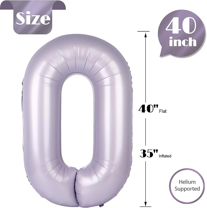 Lilac Number 0 Balloon 40 Inch, 0 Balloon Number for 10th 20th 30th 40th 50th 60th Birthday Decorations, Lilac Party Supplies