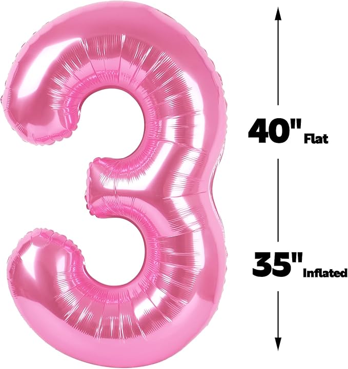 40 Inch Pink 3 Large Number Balloon, 3 13 23 30 33 36 38 Pink Birthday Party Decorations, Number Three Foil Balloons for Anniversary Party Graduations Celebration Supplies