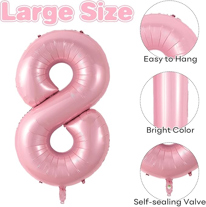40 Inch Pink 8 Balloon, Giant Light Pink Foil 8 Balloon, Pastel Pink Macaron Digital Number 8 Balloon Number Helium 8th Birthday Balloons for Girls Women Princess 8 Year Old Birthday Party Decorations