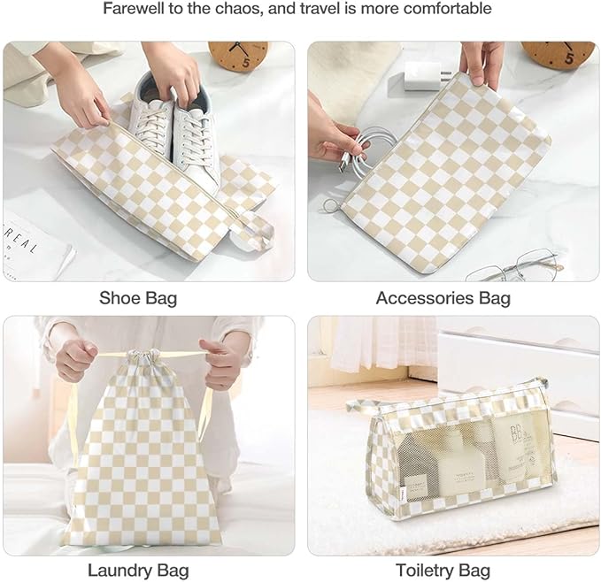 8 Set Packing Cubes for Suitcases,Packing Cube with Shoe, Cosmetics, Clothing, and Accessories Bags Packing Cubes for Travel Luggage Organizer Women Men(Khaki Checkered)
