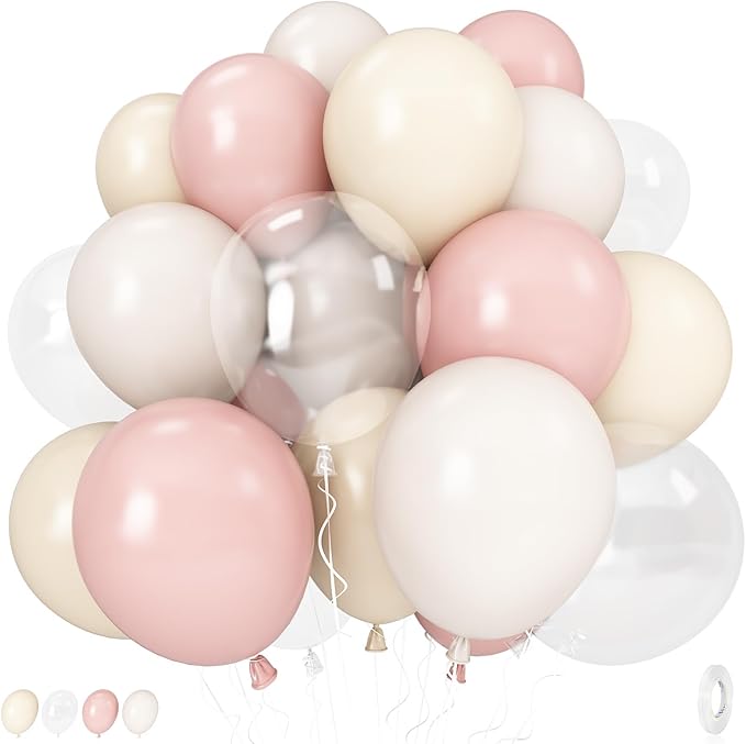 Pastel Pink and White Balloons, 12 Inch 35PCS Light Baby Pink Beige Cream White with Clear Latex Balloon for Girls Birthday Bachelorette Party Bridal Baby Shower Winter Party Decorations Supplies