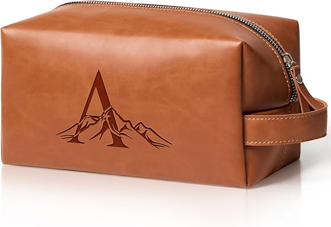 Personalized Gifts Travel Toiletry Bag for Men Engraved Initial PU Leather Waterproof Shaving Bag for Toiletries Accessories Fathers Day Birthday Gift for Men Dad Husband Son, Light Brown A