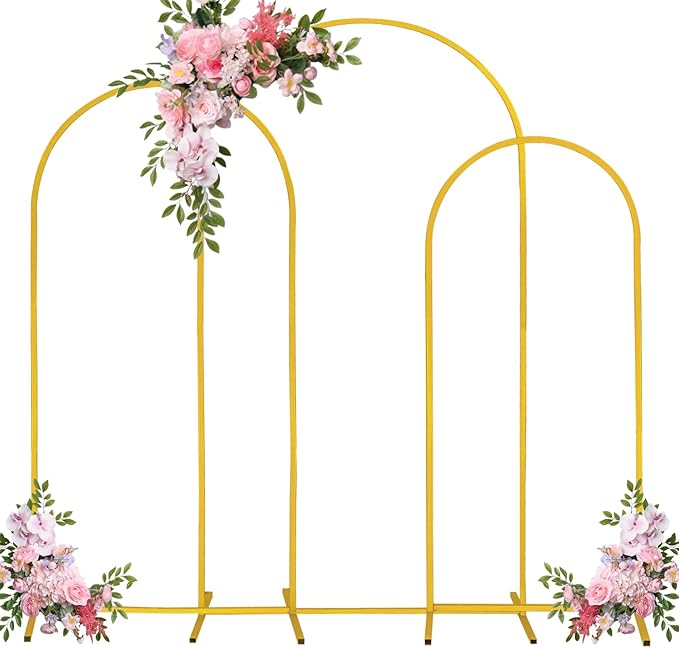 Fivenl Set of 3 Arch Backdrop Stand 7.2FT, 6.6FT, 6FT Gold Wedding Balloon Stand Stable Metal Door Frame for Ceremony Birthday Party Bridal Baby Shower Banquet Decoratio