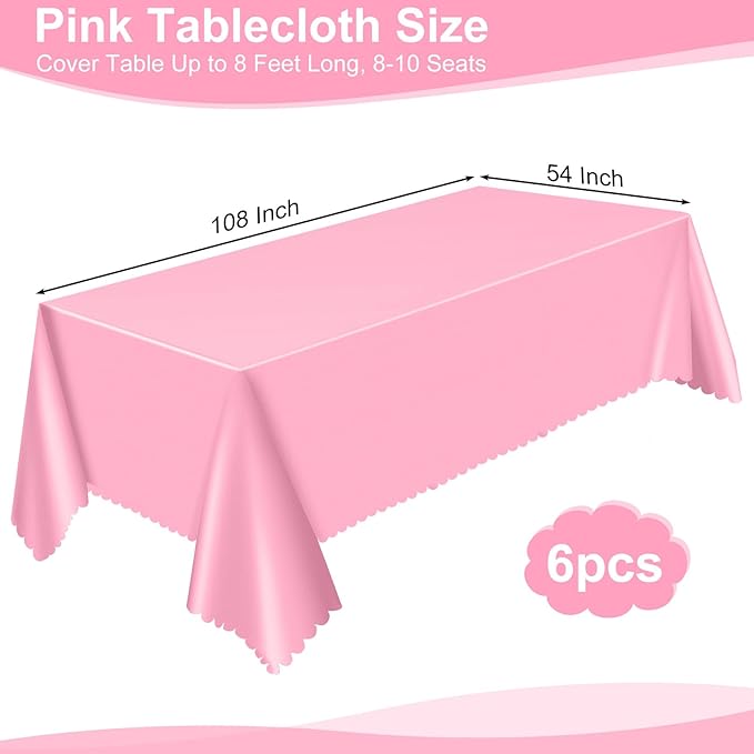 6 Pack Plastic Pink Tablecloth, 54 X 108Inch Pink Party Table Covers Scalloped Easter Table Cloths for Rectangle Tables Disposable Tables Cover for Baby Bridal Shower Tea Party Mother's Day Wedding