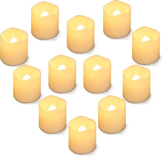 SHYMERY Flameless Votive Candles,Lasts 2X Longer,Battery Operated LED Tea Lights with Warm White Flickering Light,Small Electric Fake Tea Candle Realistic for Wedding,Table,Outdoor,Pack of 12