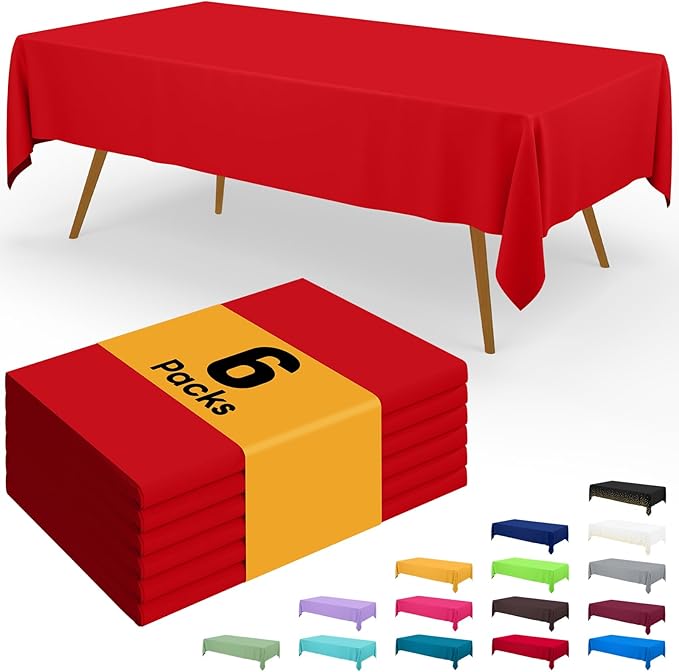 Smiry Disposable Table Cloth - 6 Pack, 54 x 108 Inch Waterproof Rectangle Tablecloths for Parties, Decorative Plastic Table Cover, Leakproof & Sturdy, Red