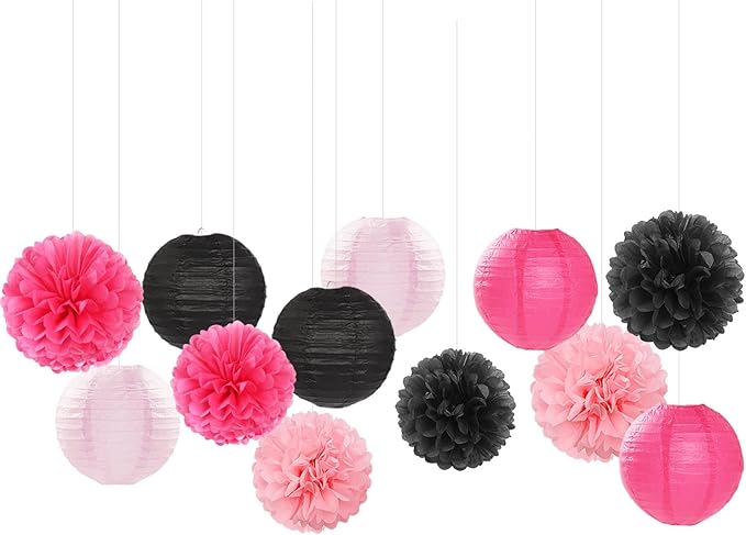 Hot-Pink Black Party-Decorations Paper Flowers Lanterns - 15PCS Graduation Birthday Tissue Pom Poms Streamers,Baby Girl Women Bachelorette Hanging Supplies Decor Hugfond