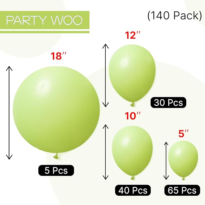 PartyWoo Lime Green Balloons 140pcs Different Sizes of 18 12 10 5 Inch Light Green Latex Balloon Arch Kit for Wedding Birthday Dinosaur Jungle Golf Football Theme Party Decorations Green-Y6