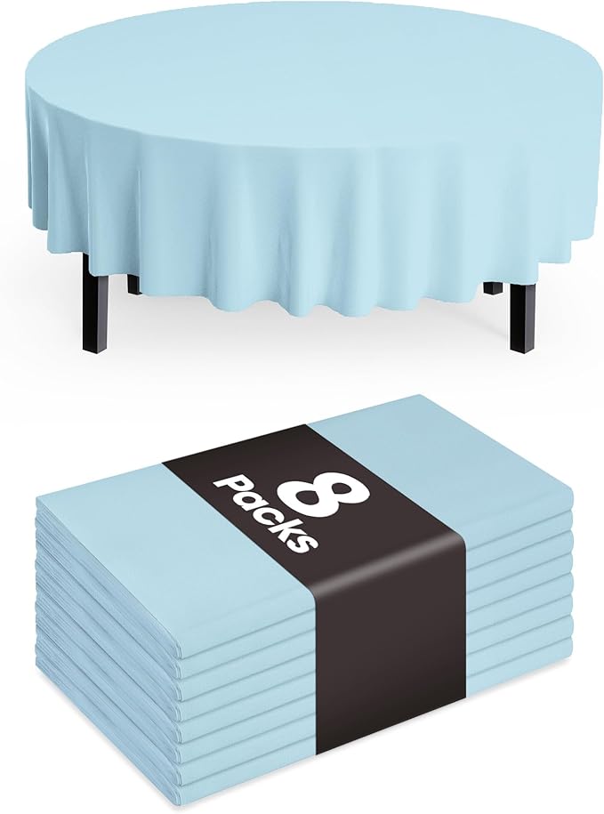 Pureegg Plastic Table Cloth Disposable 8 Pack, 84'' Round Table Cloths, Easter Party, Picnic, Wedding, Decorative Tablecloths, Round, Baby Blue Plastic Cover, Leakproof & Sturdy, Light Blue