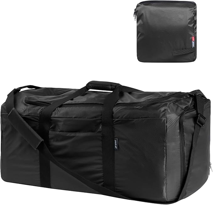 pack all 65L Foldable Travel Duffel Bag, Packable Weekender Bag with Shoe Compartment, Water-Resistant Gym Bag with Adjustable Strap for Overnight, Sports and Camping (Black)