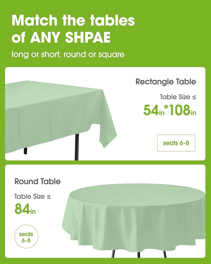 Pureegg Plastic Table Cloth Disposable 8 Pack, 54 x 108 Inch Table Cloths, Easter Party, Decorative Tablecloths, Rectangle, Light, Pastel Plastic Cover, Leakproof & Sturdy, Sage Green