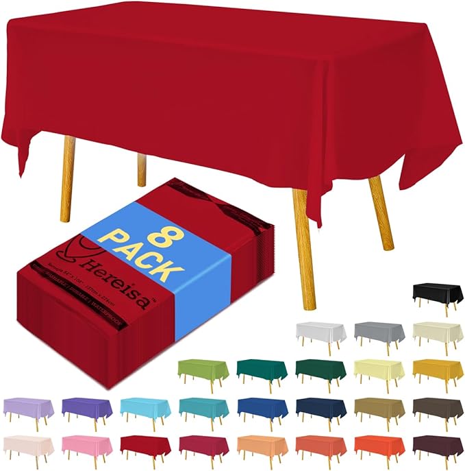 8-Count Red Disposable Plastic Tablecloths Rectangle 54x108 Inch - Extra Long Waterproof Banquet Table Covers for Parties & Catering