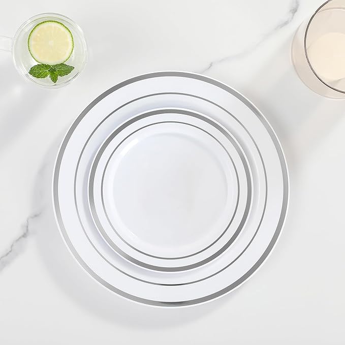 AOZITA 200Pcs Silver Plastic Plates, Disposable Plastic Party Plates for Party, Wedding and Birthday