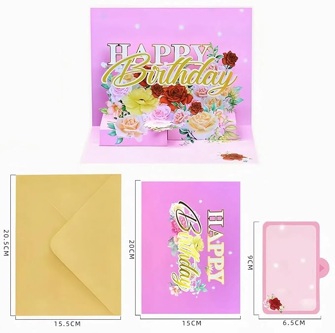 3D Pop Up Birthday Card for Women & Kids - Cute & Fun Greeting Cards with Envelope, Happy Birthday Cards for Adults, Girls, Boys - Handmade Birthday Greeting Card for All Ages(Birthday Card Pink)