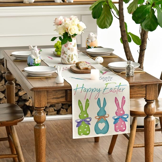 Artoid Mode Green Blue Pink Rabbit Bunny Happy Easter Table Runner, Seasonal Holiday Kitchen Dining Table Decoration for Home Party Decor 13 x 36 Inch