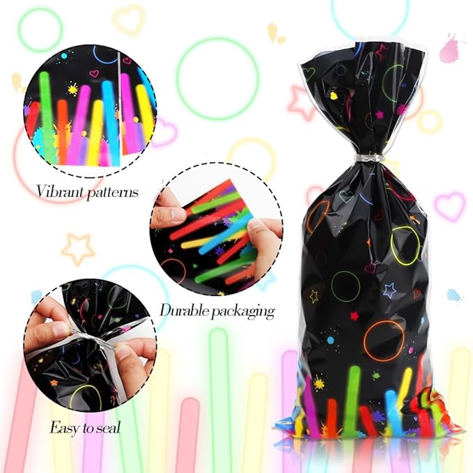 Neon Cellophane Treat Bags, 100 Pcs Neon Candy Goodie Gift Wrap Bags for Party Favors, Plastic Colorful Cookie Snack Bag with Twist Ties for Kids Birthday Halloween Party Favors Decorations Supplies