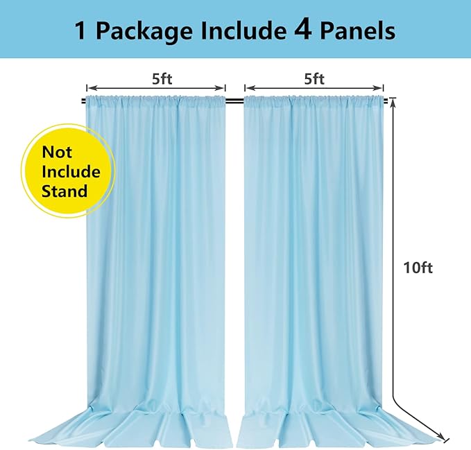 MYSKY HOME 20ft x 10ft Light Blue Backdrop Curtains for Parties, Wedding, Stage - Rod Pocket Sliding Drapes, Photography Backdrop for Baby Showers (5ft x 10ft, 4 Panels)