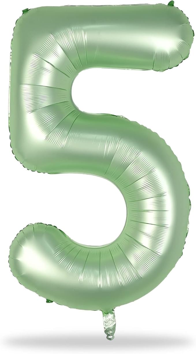 Sage Green 5 Balloons, 40" Giant Helium Foil Number 0-9 Olive Green Birthday Balloon for Boys Girls, Self Inflating Digit 5 Balloons for Women Men Anniversary Jungle Safari Party Decorations Supplies