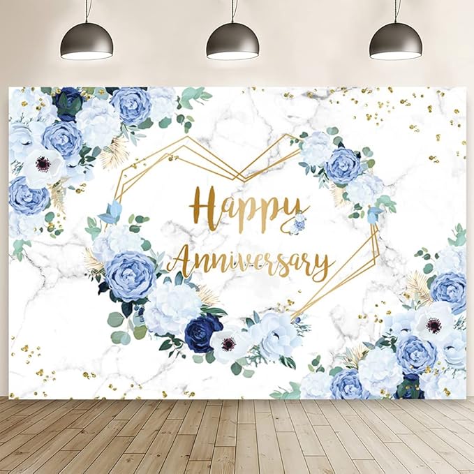 MEHOFOND 7x5ft Happy Anniversary Backdrop Blue and White Floral Wedding Anniversary Photography Background Hearts Geometric Couple Wedding Women Birthday Party Cake Smash Decor Studio Photo Props