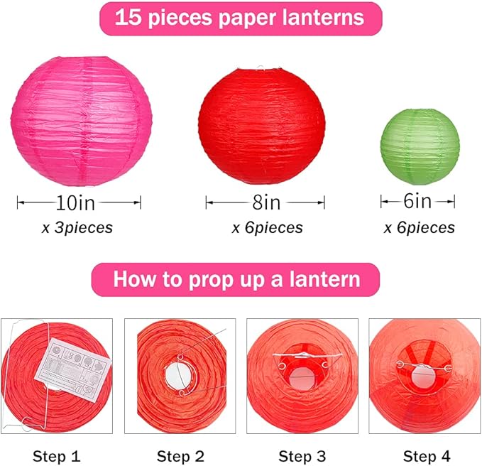 Paper Lanterns Decorative, Round Hanging Paper Lanterns for Wedding Rainbow Birthday Party Mexican Fiesta Decorations Colorful 15pcs