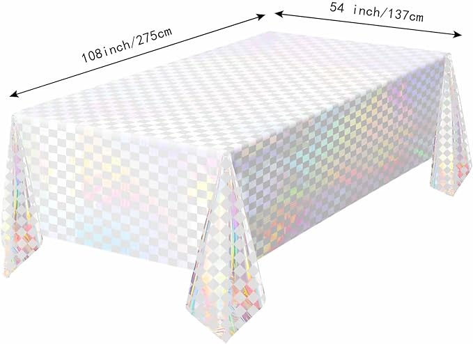1 Pack White and Iridescent Checkered Tablecloth Shiny Disposable Holographic Foil Table Cloth Plastic Laser Rectangle Table Cover for Picnic Birthday Party Race Car Tablecloth
