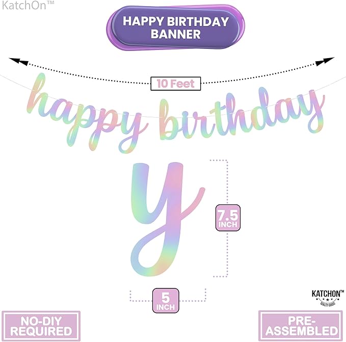 KatchOn, Pre-Strung Iridescent Happy Birthday Banner - 10 Feet | Iridescent happy Birthday Sign for Holographic Happy Birthday Decorations | Mermaid Birthday Decorations | Iridescent Party Decorations