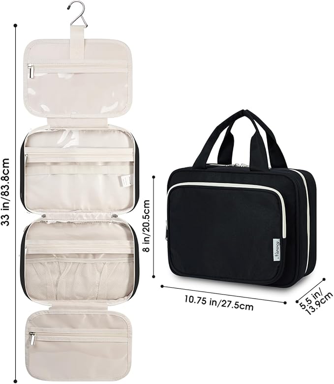 Narwey Hanging Toiletry Bag for Women Travel Makeup Bag Organizer Toiletries Bag for Travel Size Essentials Accessories Cosmetics (Black (Medium))