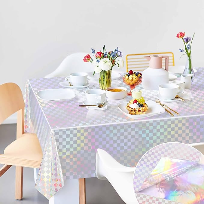 1 Pack White and Iridescent Checkered Tablecloth Shiny Disposable Holographic Foil Table Cloth Plastic Laser Rectangle Table Cover for Picnic Birthday Party Race Car Tablecloth