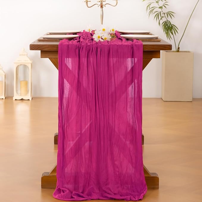 Socomi Fuschia Spring Easter Cheesecloth Table Runner Hot Pink Boho Rustic Gauze 120 inch 10FT Cheese Cloth Runner for Wedding Party Baby Shower Birthday Home Decor