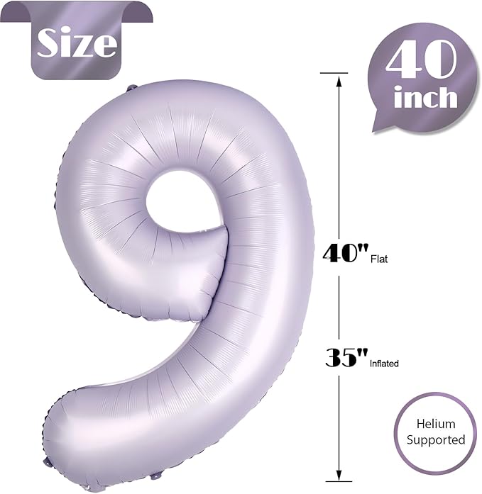Lilac Number 9 Balloon 40 Inch, 9th Birthday Party Decorations for Children, Giant 9 Foil Balloon for Party Supplies