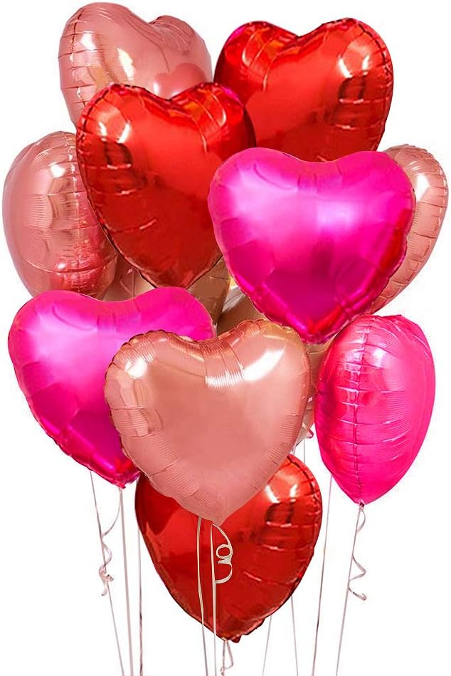 Upgraded Rose Gold and Red Balloons - Pack of 15 - Heart Shaped Foil Balloons for Valentines Day Wedding Birthday Bridal Shower Baby Shower Decorations