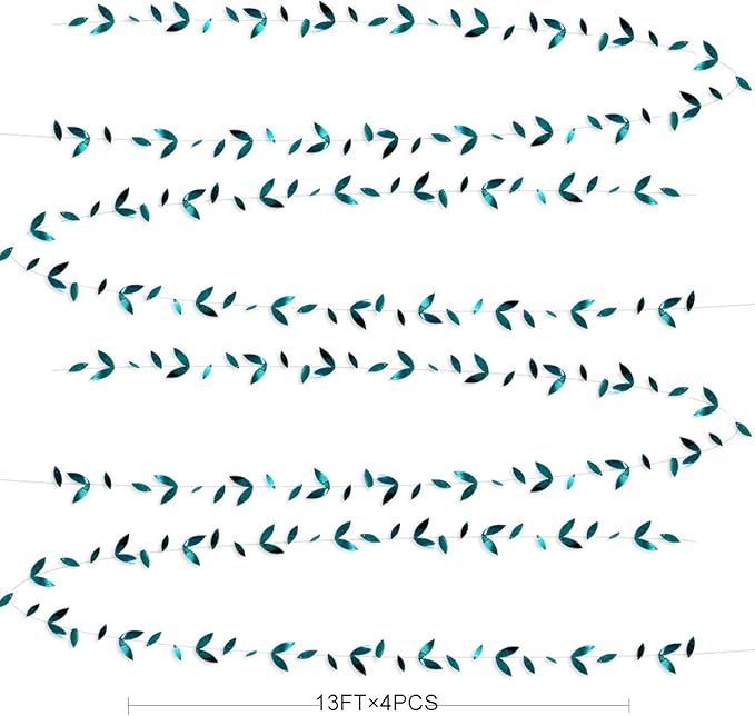 PinkBlume 52 Ft Dark Green Leaf Garland, Emerald Turquoise Paper Hanging Leaves Streamer, Teal Aqua Green Banner for Wedding, Bridal Shower, Engagement, Party Decorations