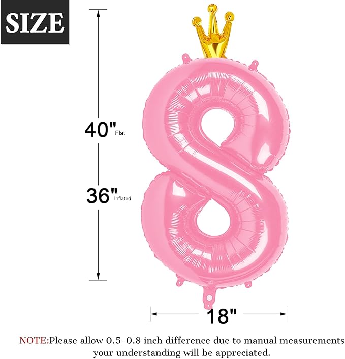 Helium Foil Pink Crown Number 8 Balloon 40 Inch, Mylar Eight Numbers 8 18 28 38 48 58 80 88 Birthday Balloons, Pink Crown Women Men Anniversary Graduations Party Supplies
