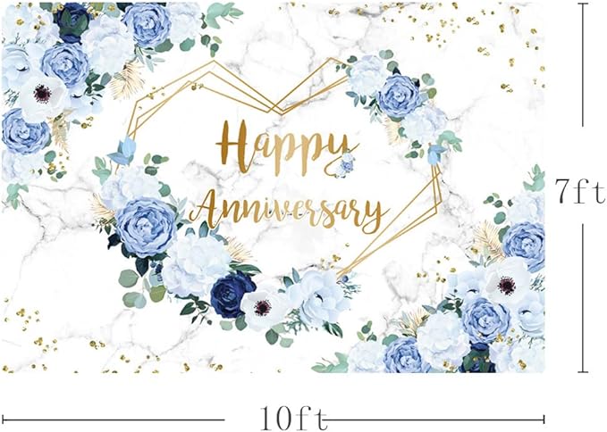 MEHOFOND 10x7ft Happy Anniversary Backdrop Blue and White Floral Wedding Anniversary Photography Background Hearts Geometric Couple Wedding Women Birthday Party Cake Smash Decor Studio Photo Props