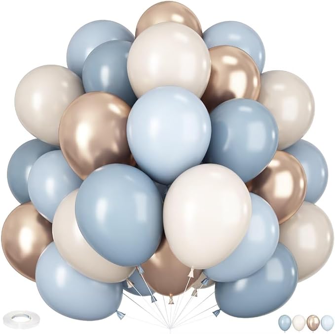 Dusty Blue and Gold Balloons, 60 PCS 12 Inch Slate Fog Pastel Baby Blue Sand White and Gold Balloons for Baby Boy Shower Bridal Shower Birthday Wedding Party Decorations