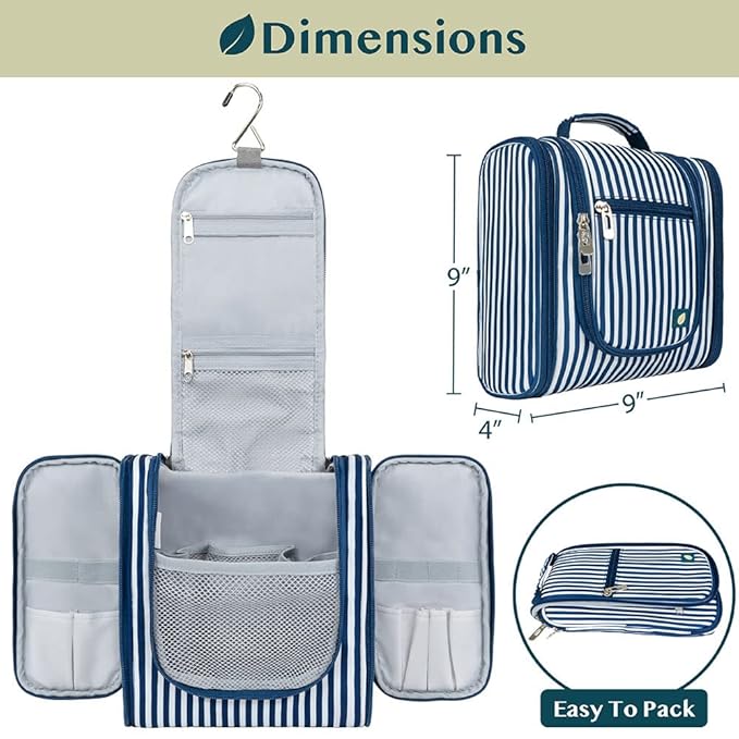 PAVILIA Toiletry Bag Travel Bag for Women Men, Hanging Cosmetic Organizer, Water Resistant Makeup Bag for Accessories Toiletries, Large Travel Essentials Kit (Stripe Navy)