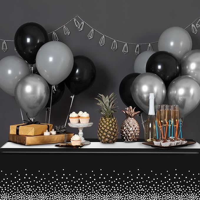 6Pcs Black and Silver Tablecloth Party Decorations,Plastic Black Table Cloth Printed Silver Table Runner Disposable Rectangle Table Cover for Birthday Anniversary Wedding Graduation Party,54 x108 Inch