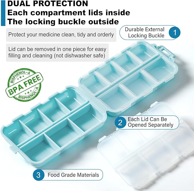 3 Pack 14 Grids Travel Pill Organizer Box with 415-Pcs Medicine Name Labels - Pocket Daily Pharmacy Case Container Kit - Travel Medication Holder Dispenser for Fish Oil Vitamin, Khaki+Pink+Sky Blue