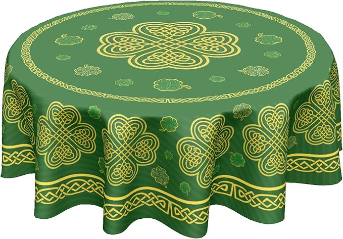 St. Patrick's Day Round Tablecloth 60 Inch Leaf Clover Pattern Circle Table Cloth Green Shamrock Table Cover Washable Polyester Indoor Decorations for Home Kitchen Dinning Party