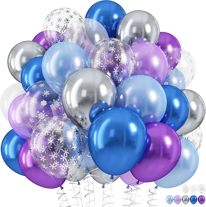 Snowflake Balloons Set, 60Pcs 12 Inch Pastel Blue Light Purple Metallic Silver Balloon with Transparent Snowflake Confetti Balloons for Ice Snow Theme Party Winter Birthday Party Decorations