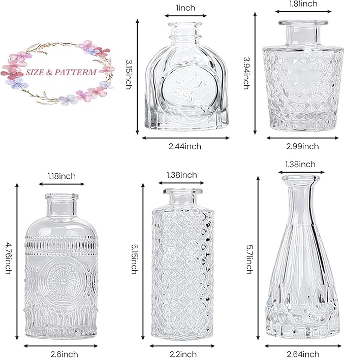 Clear Glass Bud Vases Set of 5, Mini Flower Vase for Centerpieces, Small Clear Vases in Bulk for Wedding Decorations, Vintage Vase for Table, Recepetion, Home Décor