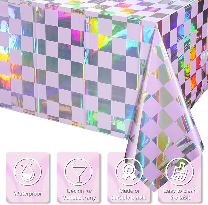 6Pack Iridescent Checkered and Purple Plastic Tablecloths Shiny Disposable Laser Rectangle Table Covers Holographic Foil Tablecloth Iridescent Party Decorations Birthday Bridal Baby Shower, 54x108Inch