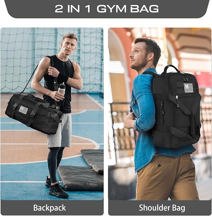 ETRONIK Gym Bags for Men, Tactical Duffle Bag Backpack with Shoe Compartment, 3 in 1 Carry on Bag Travel Backpack with Wet Pocket, Weekender Overnight Range Bag for Workout Football Gym, Camouflage