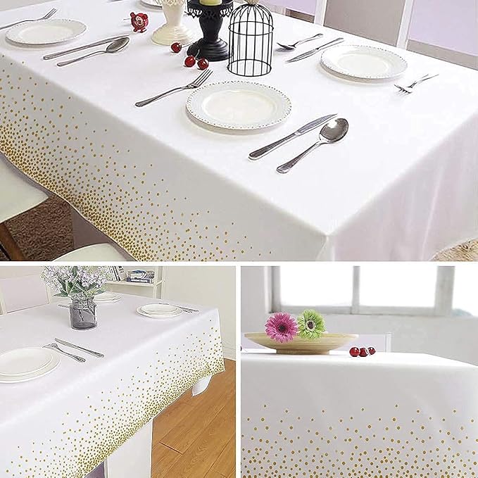 Yancorp 4 Pack White and Gold Tablecloth Disposable Gold Tablecloths for Rectangle 54" x 108" Plastic Tablecloth Party Table Covers for Birthday Thanksgiving Christmas Wedding Outdoor BBQ (White)