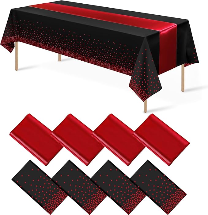 8Pack Disposable Plastic Party Tablecloths and Satin Table Runner Set Black and Red Dot Table Cloth Red Satin Table Runner for Wedding Birthday Baby Shower Anniversary Holiday Party Decorations
