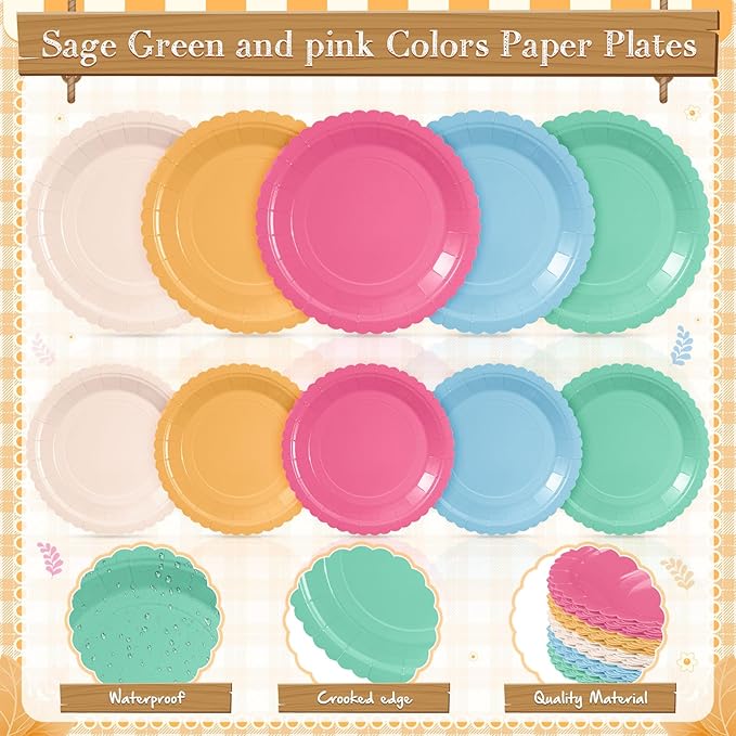 Zhehao 175 Pcs Candy Colors Party Supplies Set Colorful Disposable Tableware Kit with Plates, Cups, Napkins, Cutlery for Baby Shower, Birthday, Wedding