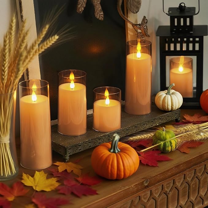 Homemory Amber Flickering Flameless Candles, Battery Operated Acrylic LED Pillar Candles with Remote Control and Timer, Fall Candles, Set of 5
