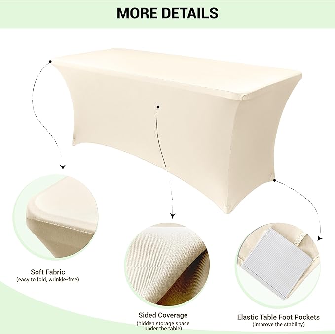 Obstal 6 Pack Stretch Spandex Table Covers for 6 Foot Tables - 6 FT Universal Rectangular Fitted Tablecloth Protector for Wedding, Banquet, Party (Cream, 72 Length x 30 Width x 30 Height Inches)