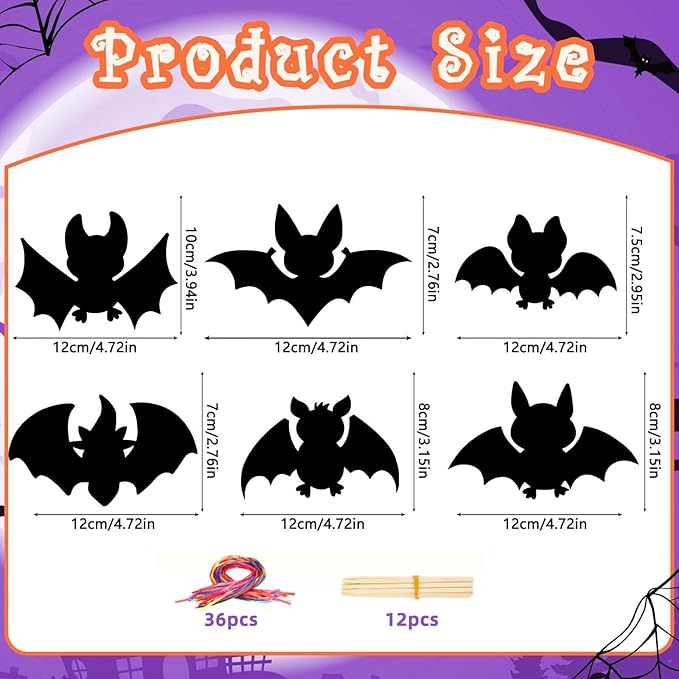 JULMELON 36Pcs Halloween Crafts, Rainbow Magic Halloween Scratch Art Paper Cute Bat Crafts School Classroom Activities Party Favors DIY Gifts