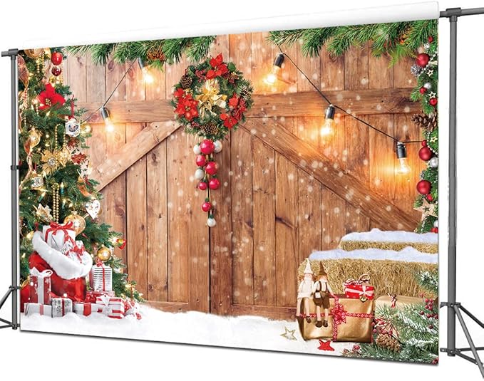 CYLYH 7x5FT Christmas Barn Wood Door Photography Backdrop Xmas Tree Snow Gift Wall Floor Party Photo Background for Holiday New Year Party Banner Family Holiday Party Supplies D554